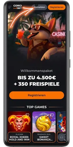 CorgiBet Startseite mit mobilem Zugang