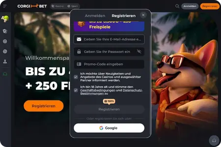 CorgiBet Formular mit Bonusbanner und Hundemotiv