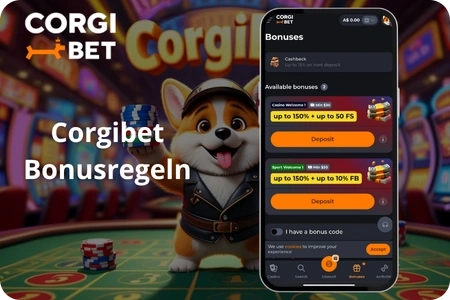 Darstellung der Corgibet Bonusregeln zu Umsatz, Frist, Spielbeiträgen und Verifizierung