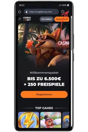 Drei-Punkte-Menü im Chrome-Browser für die Corgibet App