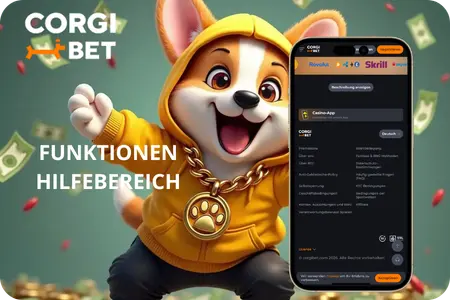 Unterstützte Funktionen und Hilfebereich der Corgibet Mobile App