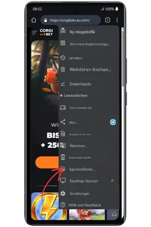 Corgibet Casino App zum Startbildschirm hinzufügen auf Android