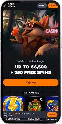 Corgibet Startseite mit der Sign up Schaltfläche oben rechts im Menü