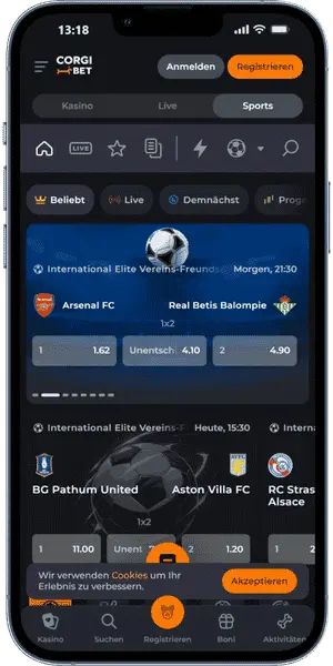 Corgibet App mit mobiler Sportwetten-Übersicht und aktuellen Quoten