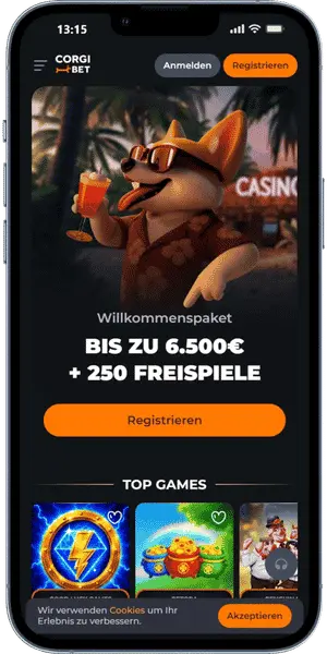 Corgi bet Casino App Startseite mit Willkommensbonus und Top-Spielen