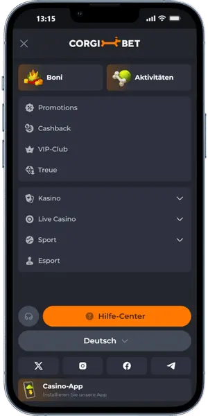 Corgibet App Menü mit Bonusbereich, Sport, Live-Casino und Hilfe-Center