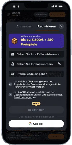 Corgibet Casino App Registrierung mit E-Mail, Passwort und Promo-Code