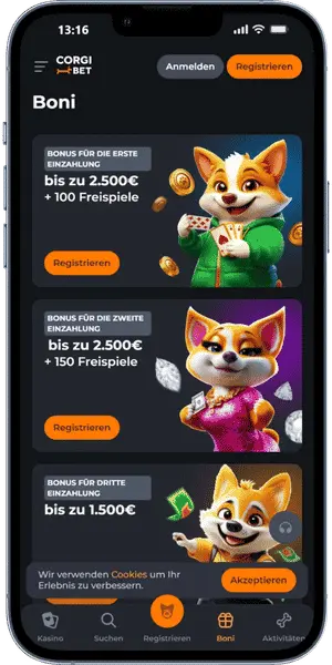 Corgibet mobile Bonusübersicht mit Angeboten für drei Einzahlungen
