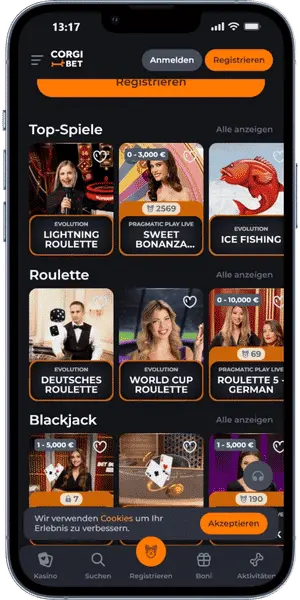 Corgibet Casino App Spiele-Lobby mit Roulette, Blackjack und Top-Spielen